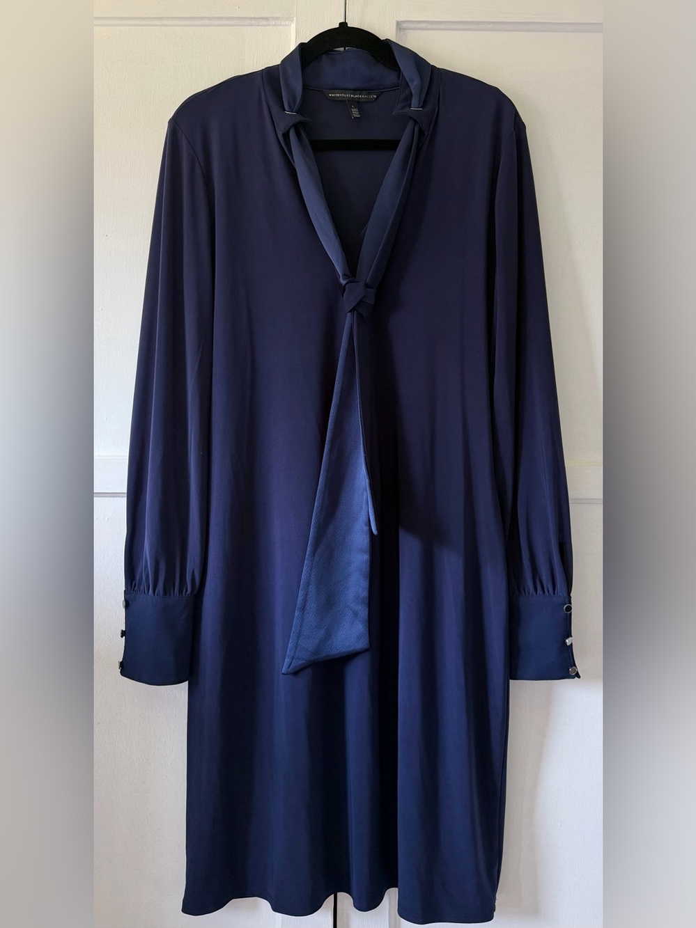 White House Black Market | Navy Long-Sleeve Tie-Neck Dress (slightly above knee)